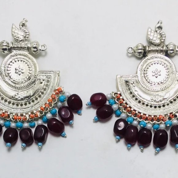 Silver Kuchi Earrings With Multicolor Beads and Stones,Tribal Boho - Picture 6 of 8